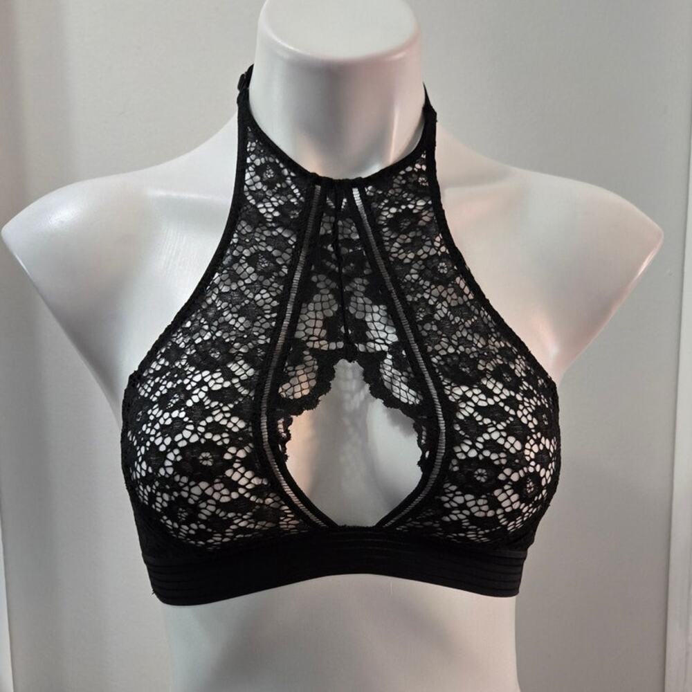 Victoria's Secret Black Lace Halter High Neck Strappy Bra Top Small New